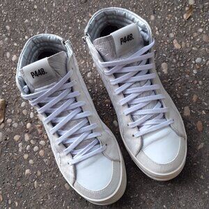 P448 Women's White Leather Suede High Top Sneakers sz 38 (7.5) PREOWNED